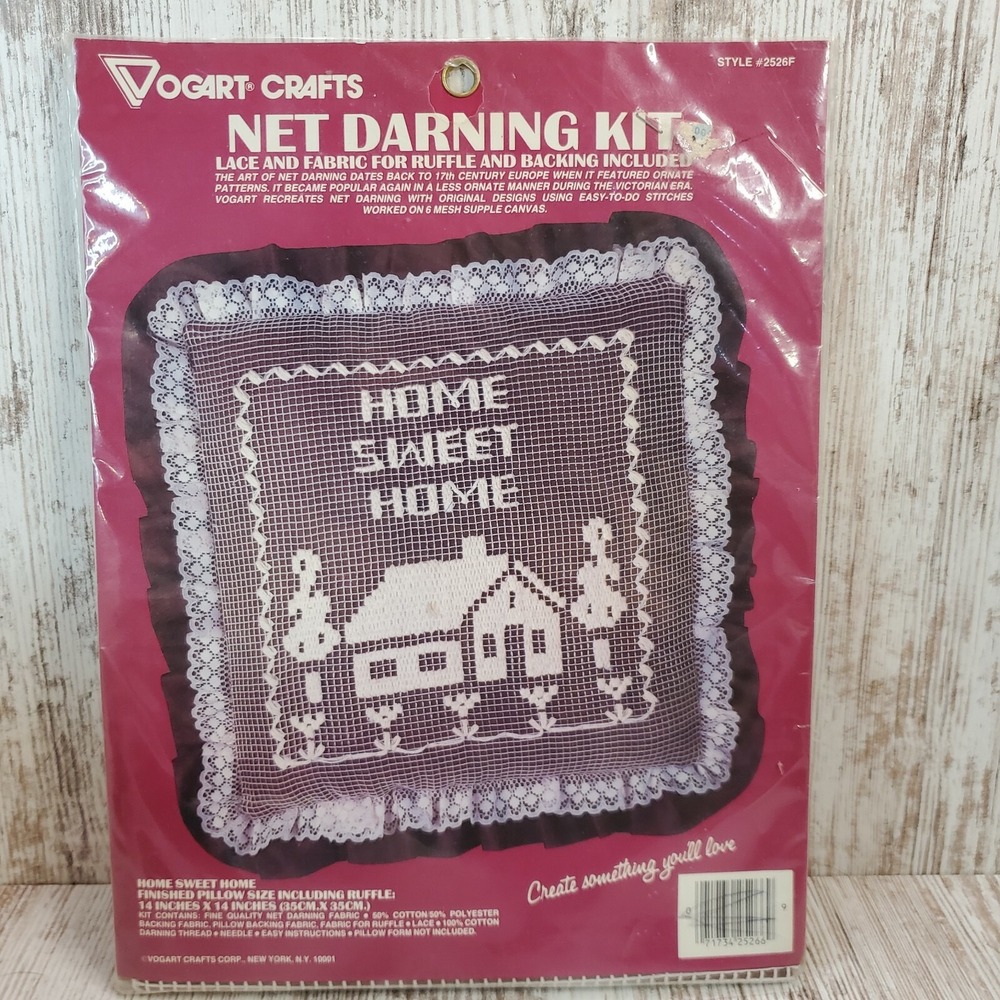 Home Sweet Home Net Darning Pillow Cover Kit #2526F by Vogart Crafts 14" x 14"